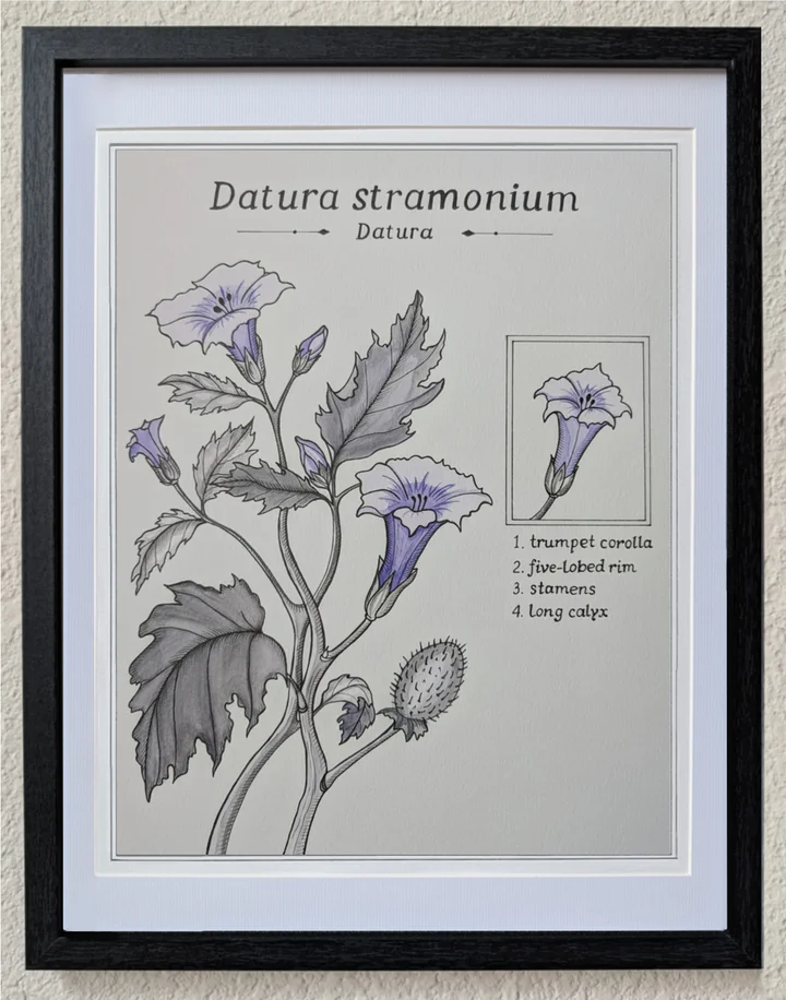 Framed botanical study of datura with pale purple trumpet-shaped flowers and a spiny seed pod.