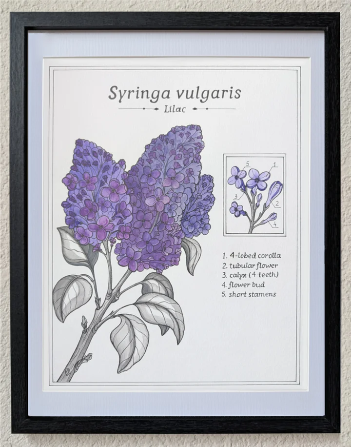 Framed botanical study of lilac with clusters of purple flowers and heart-shaped leaves.