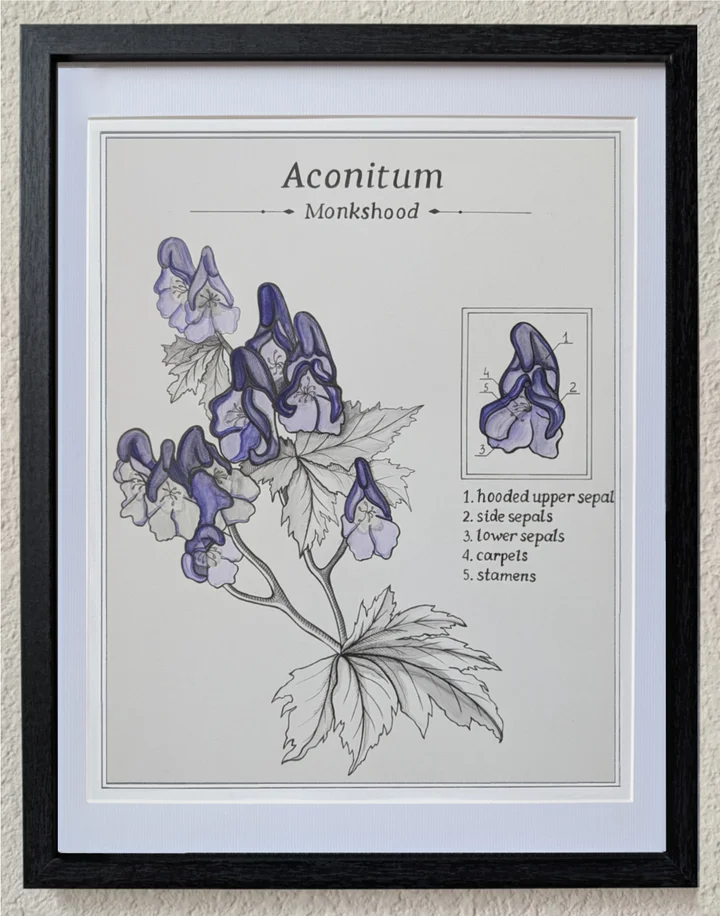 Framed botanical study of monkshood with purple hood-shaped flowers.