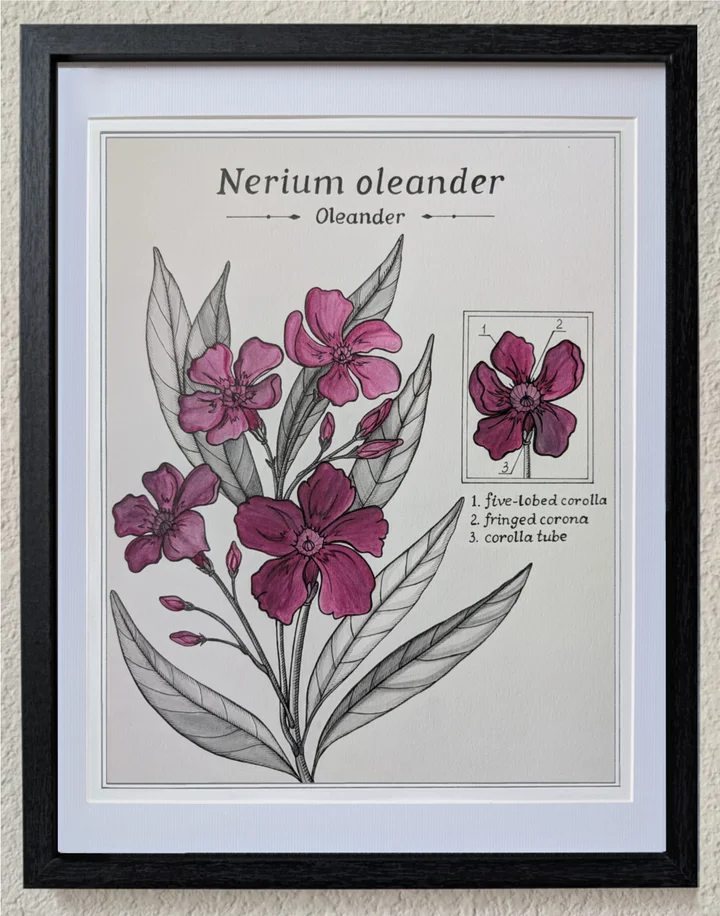 Framed botanical study of oleander with pink flowers and slender leaves.