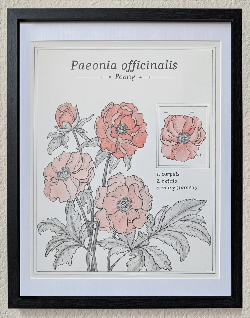 Framed botanical study of peony with layered pink petals and finely drawn leaves.