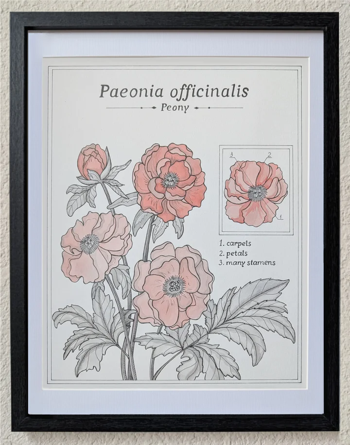 Framed botanical study of peony with layered pink petals and finely drawn leaves.