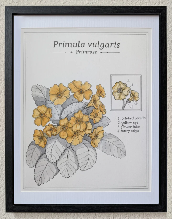 Framed botanical study of primrose with yellow flowers and textured leaves.